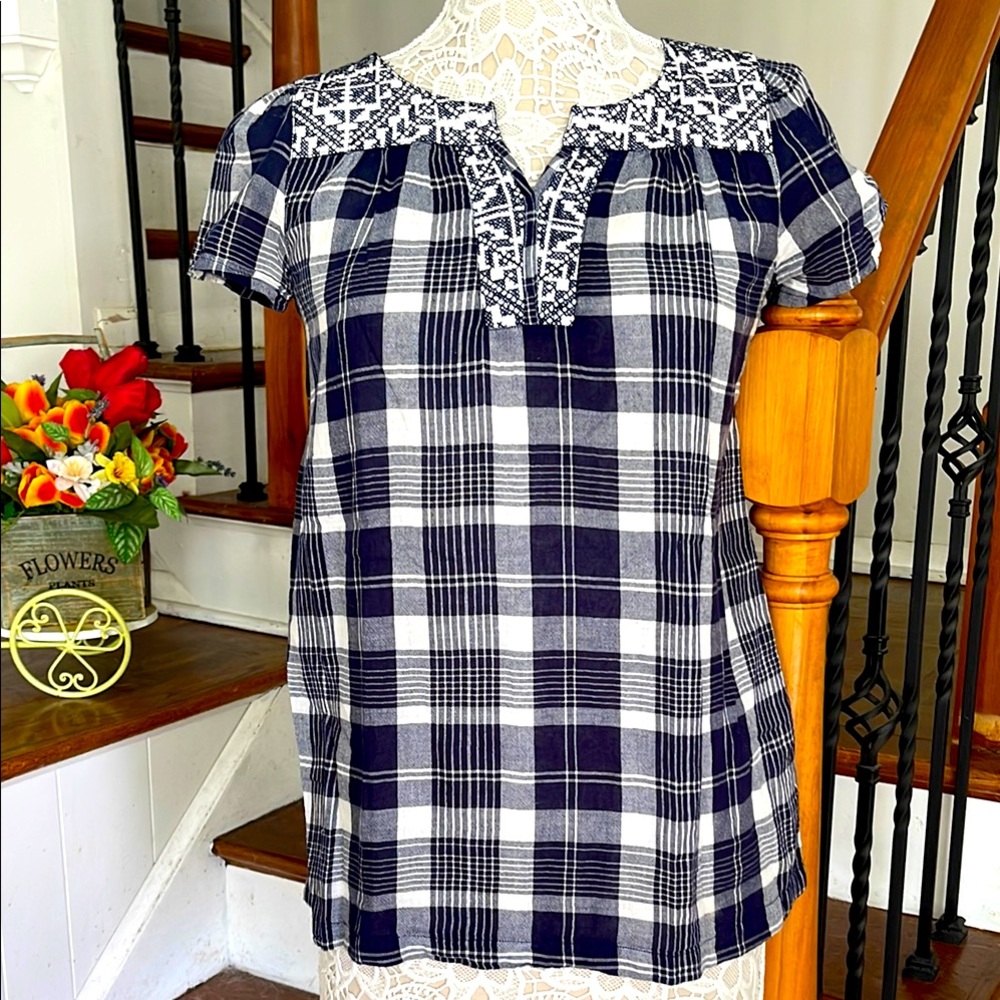 Joe Fresh navy blue white checkered peasant blouse